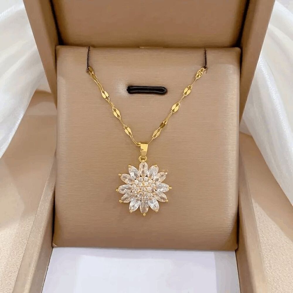 Golden Sunflower Diamond Pendant Necklace